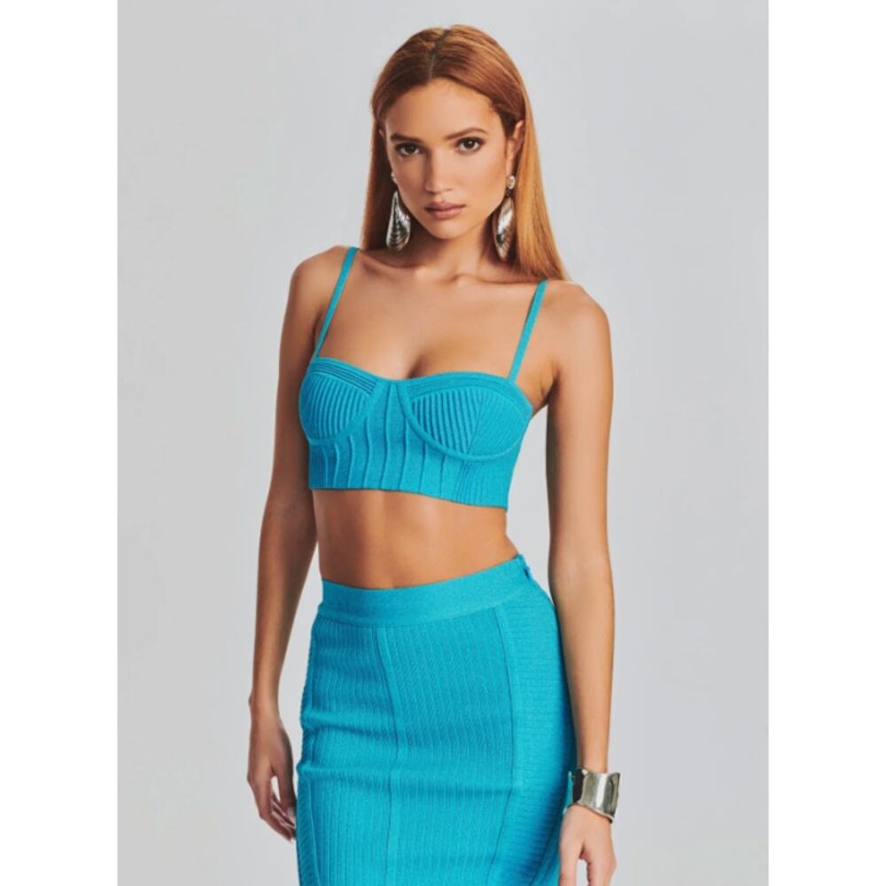 Retrofete Bandage Skirt Set XXL Aqua Blue Metallic Taressa Knit Skirt Gabi Top
